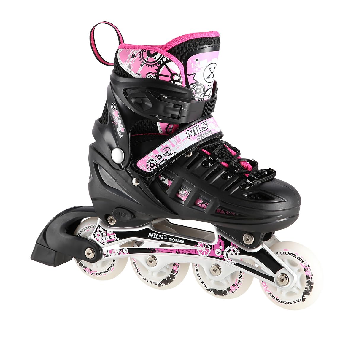 NILS Lot de Patins à roulettes 4 en 1 Triskates Twinkle White ABEC7 LED Light Wheels Taille 31-42 Réglable (Rose, M (35-38))