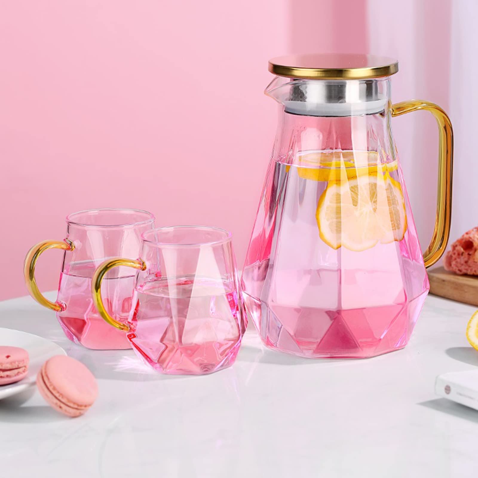 LUCBEI Dzbanek Kreatywny Szklany Zestaw Czajników Wodnych Przynosi Kubek Taca 1500 ml Różowy Przezroczysty Dzbanek Kwiat Zestaw Herbaty Owocowej Popołudniowa Herbata Naczynia do picia Gorąca/Zimna