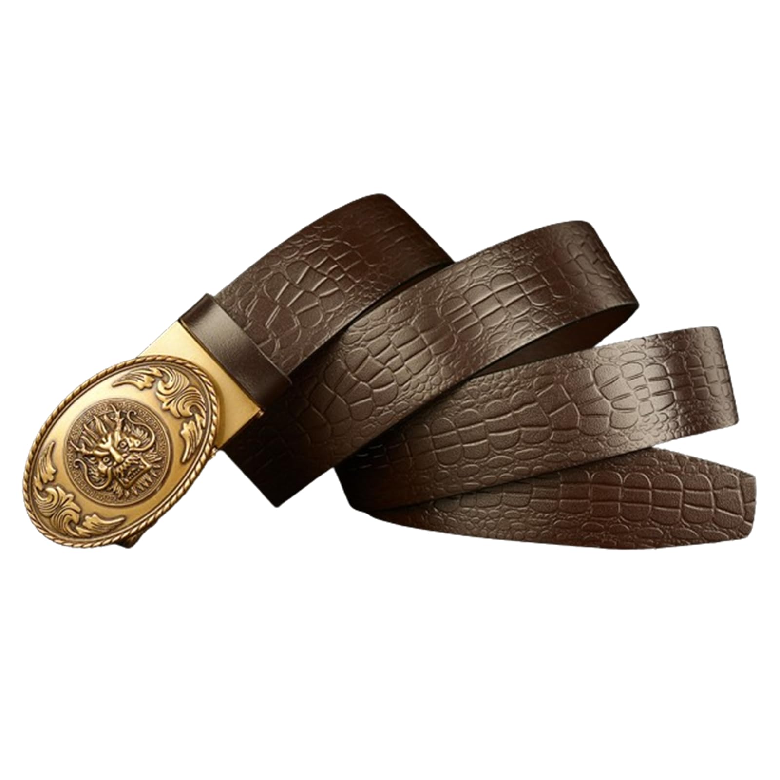 Cinturón Con Trinquete En Relieve, Hebilla Automática Ovalada Deslizante Cabeza De Dragón Dorada, Correa Vaquera Grabado Cocodrilo For Jeans