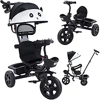 Triciclo Carrinho de Passeio 2 em 1 Infantil Assento Giratório 360° com Capota Solar Porta Objetos até 50kg Haste Empurrador Cestos e Rodas de EVA INMETRO (Preto)