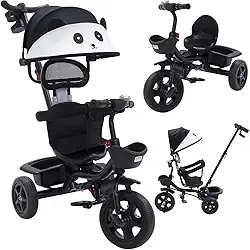 Triciclo Carrinho de Passeio 2 em 1 Infantil Assento Giratório 360° com Capota Solar Porta Objetos até 50kg Haste Empurrador Cestos e Rodas de EVA INMETRO (Preto)