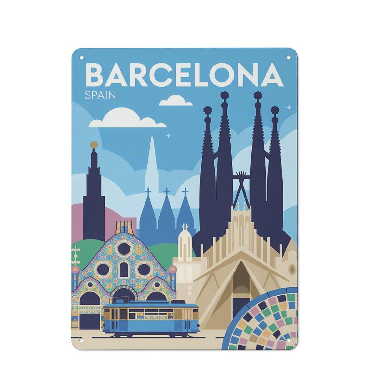 Junmoney Style-8 Modern Vintage Barcelona Spain Travel (3) Office Metal Sign 40X30cm, Creative Space Decor For Hobby Room, Office, Lounge Or Living Room