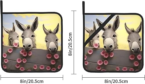 Miniatura 2 de Juego de 2 soportes para ollas con estampado de burro y flores, resistentes al calor, antideslizantes, impermeables, con lazo para microondas,