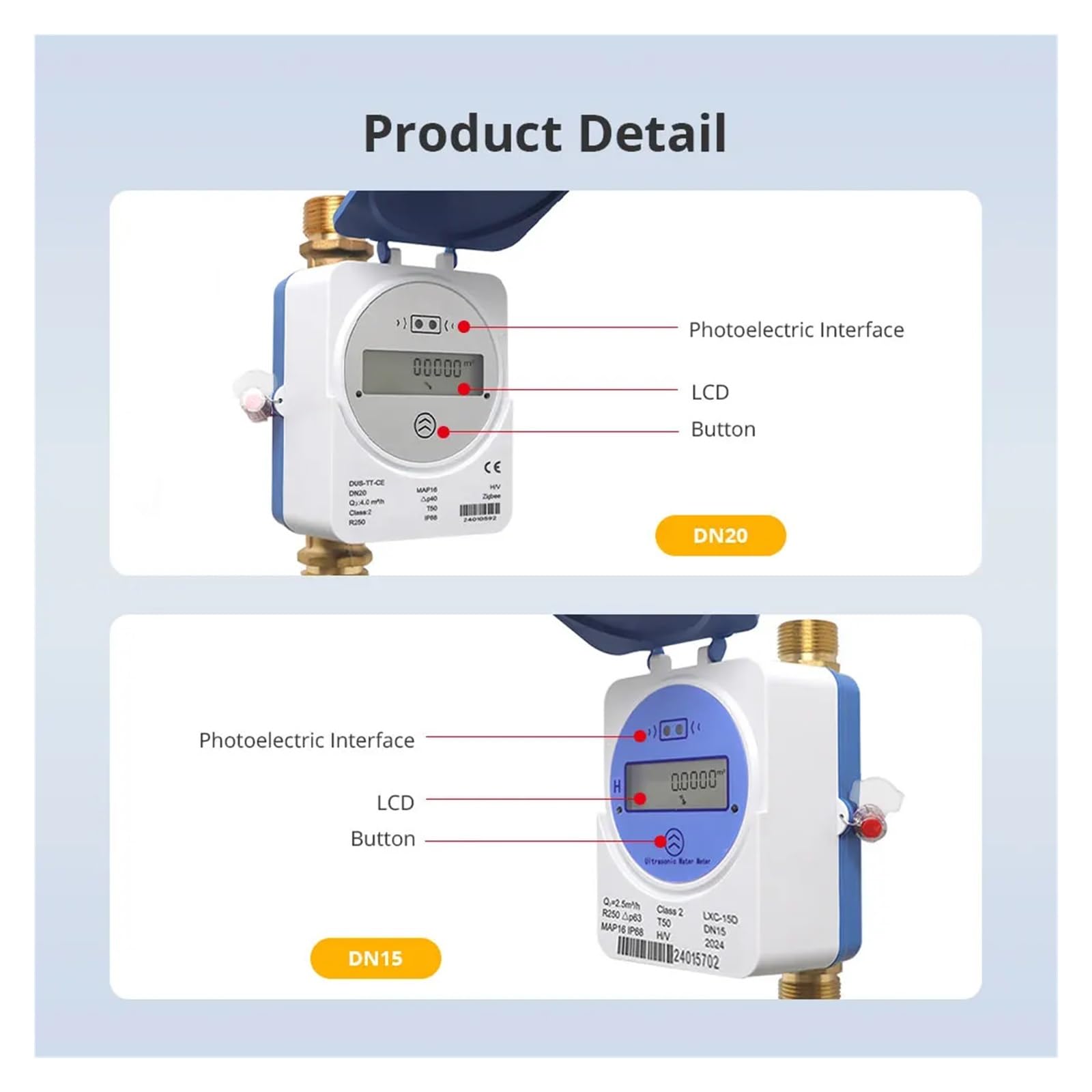 Intelligenter Ultraschall-Wasserzähler, IP68, LCD-Digitalanzeige, Messung der Wassermenge, Durchflussverbrauch für den Durchfluss von Flüssigkeiten(213E(DN15))