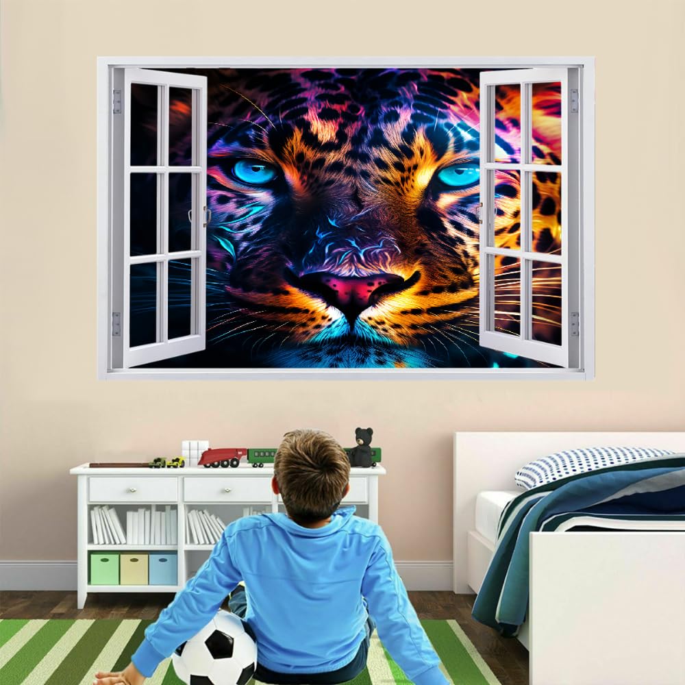 Decalcomanie da muro Art 3D Fracassato Animale Leopardo Adesivi murali removibili Arte Fantasy Colorata Carta da parati Camera da letto autoadesivo per ragazze Camera da letto Nursery Home Decor Gift