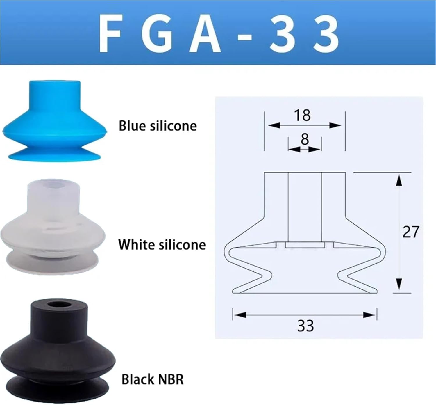 10Pcs Vacuum Suction Cup Pneumatic Chuck Silicone Double-layer Round Automatic Manipulator Sucker(FGA-33,Blue silicone)