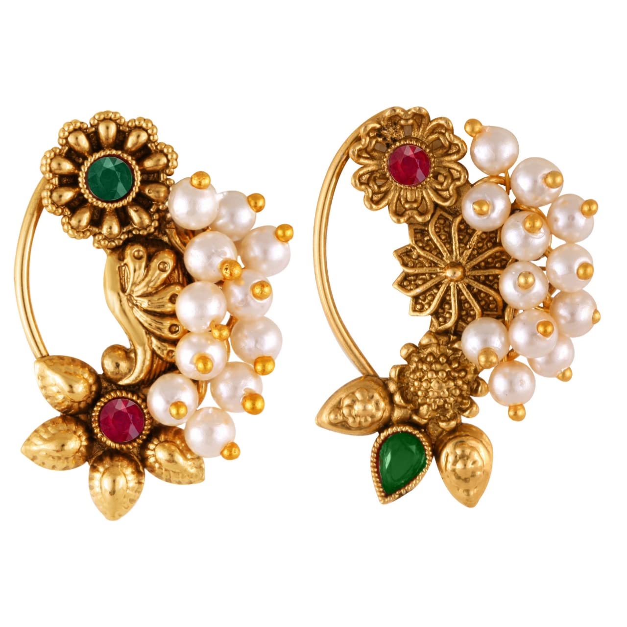 Vighnaharta Golden Moti Pearls Nath Nathiya nose pin Gold Plated Alloy two Nose Ring valentine day gift valentineday gift for her gift for him gift for women gift for woment[VFJ1180-1181NTH-Press-Multi]