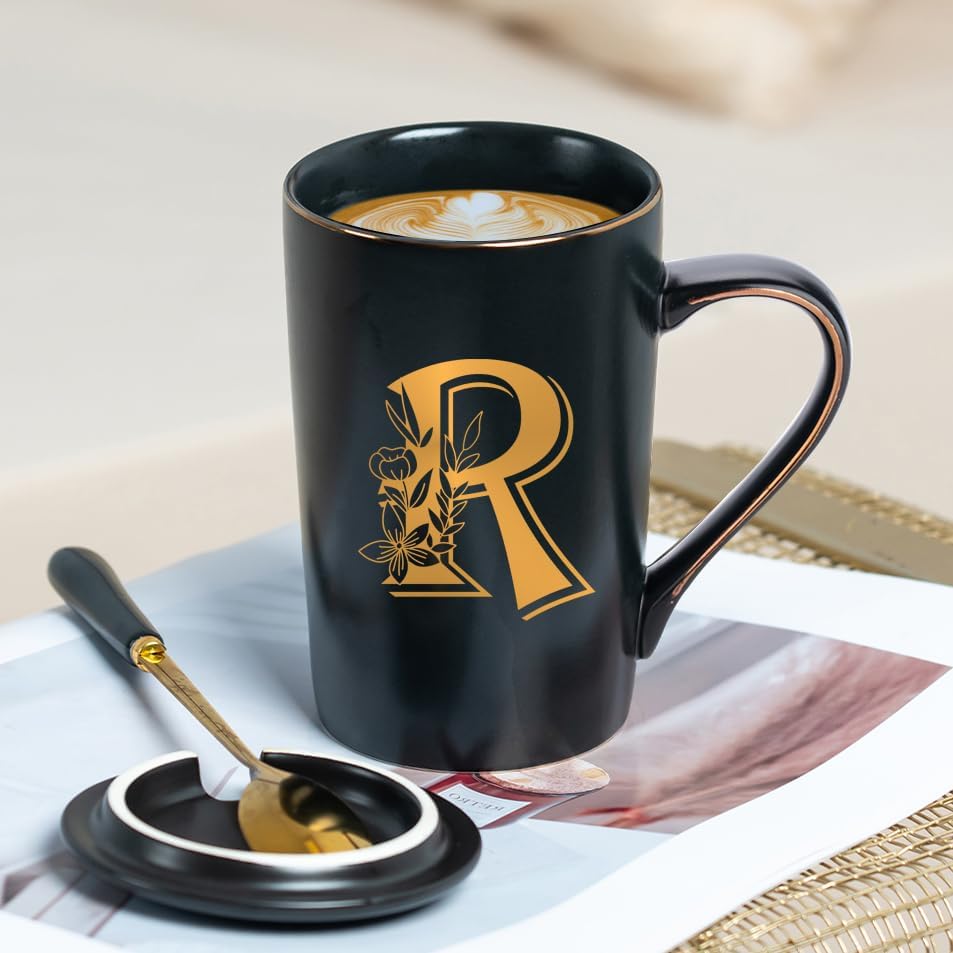 Letter R Personalized Initial Mugs with Flower, Letter R Personalized Coffee Mug, Customized Cool Letter Mugs for Women, Bridal Shower Gifts, Women's Initials Gifts Mug 14 OZ Matte Black - Image 3