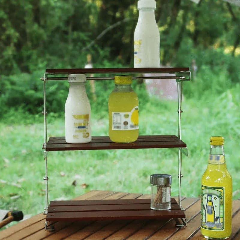 Folding Camping Shelf, 3-Tier Portable Outdoor Storage Rack, Aluminum Frame & Wood Tabletop, Collapsible Organizer for Picnic, BBQ, Backyard, Camp Table Side Accessories