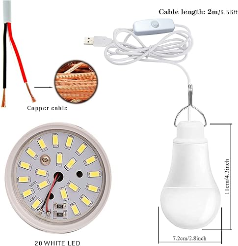 Miniatura 3 de Paquete de 2 luces de campamento USB de 10 W, luz portátil de 700 lúmenes, lámpara de emergencia portátil con cable de 6.56 pies para lectura,