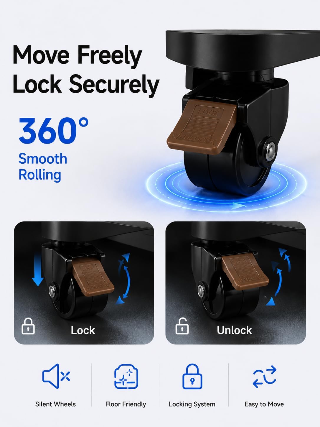 Close-up of the lockable wheels on the MESWAO Tablet Floor Stand