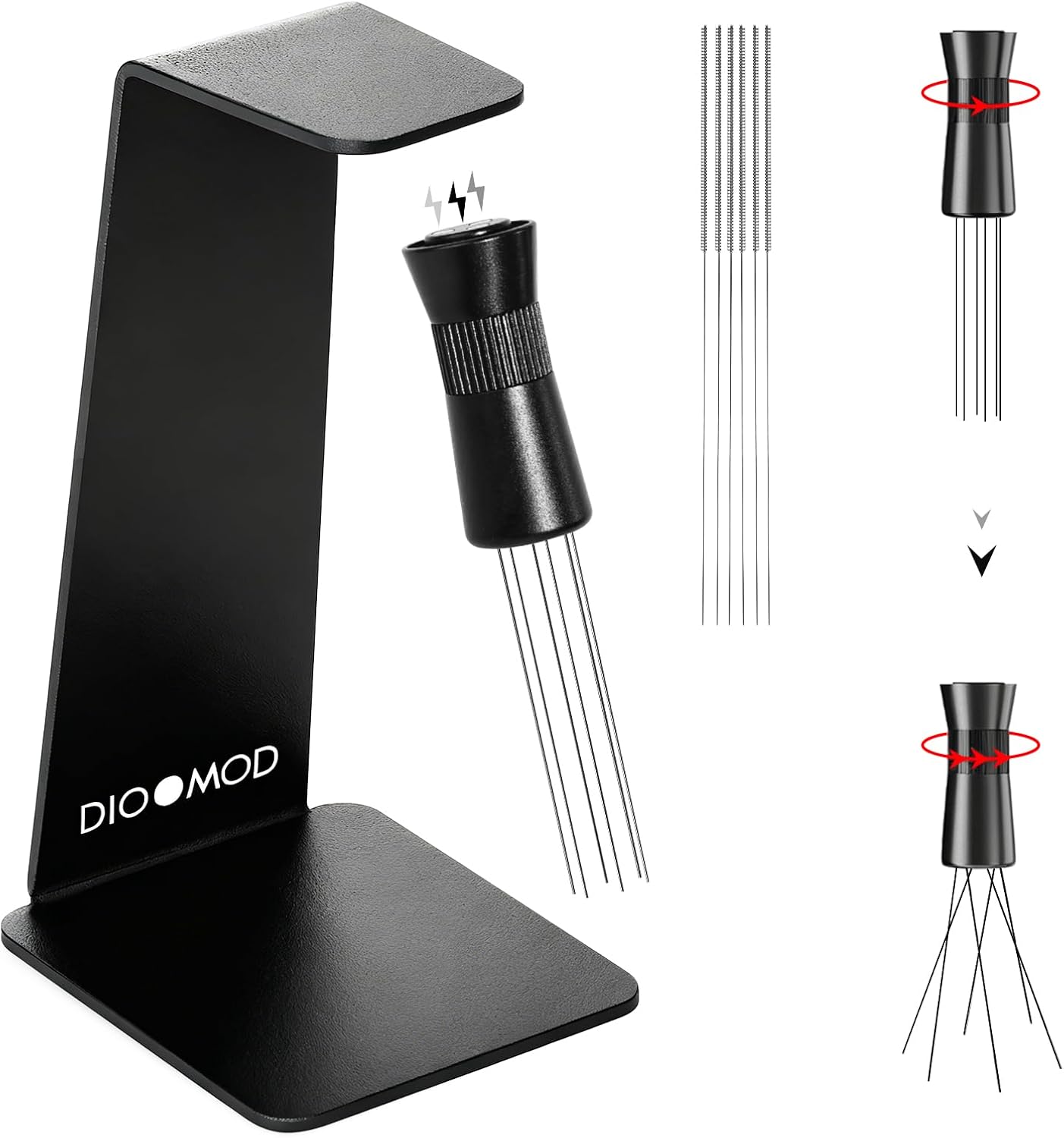 Espresso WDT Tool, Adjustable Range Coffee Needle Stirrer, Black | with Magnetic Stand, 304 Stainless Steel 6 Needles 0.4mm, 6 Extra Needles
