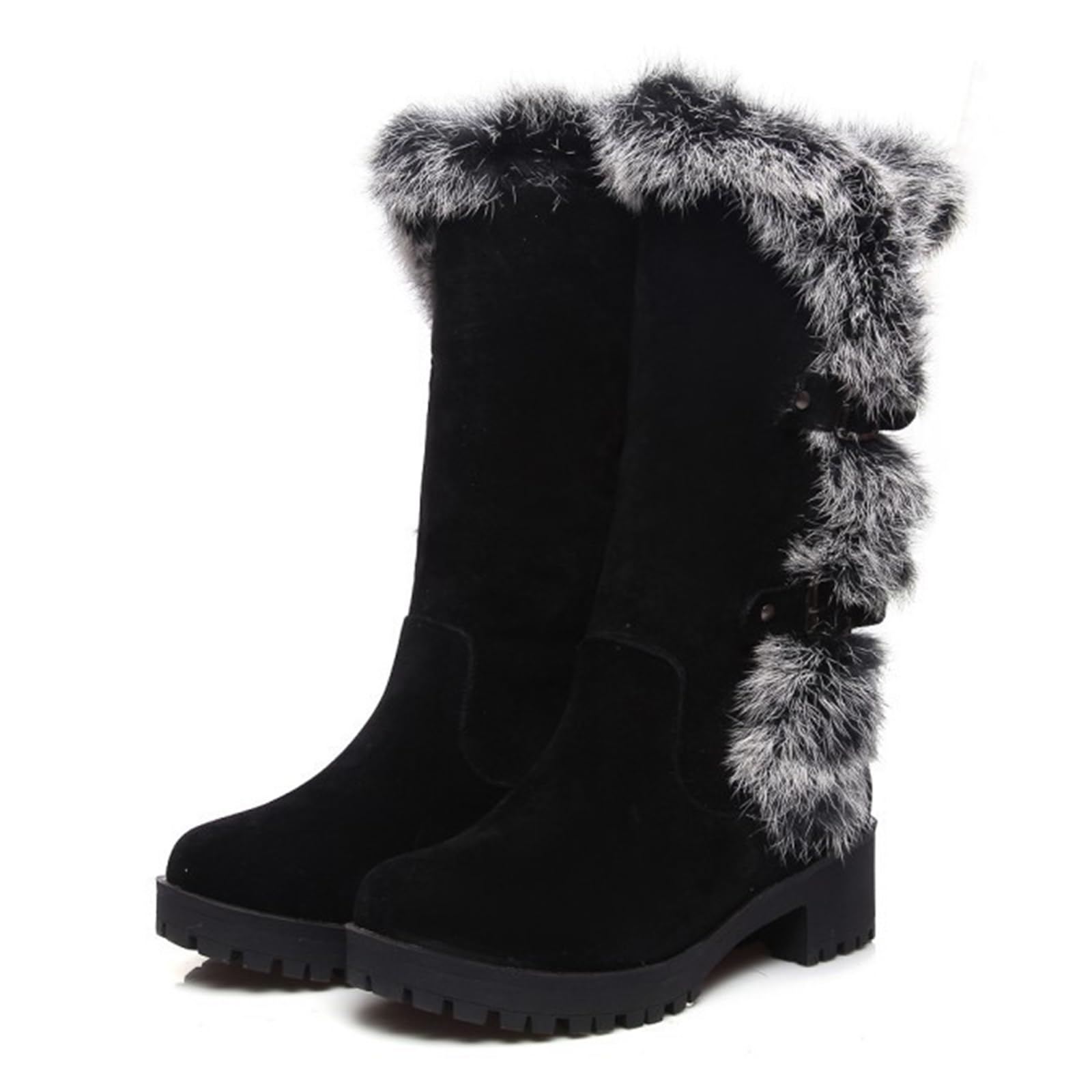 GUNIYIFS Womens Winter Snow Boots Chunky Heel Warm Boots Comfortable Slip On Suede Mid-Calf High Heel Boots Outdoor Shoes