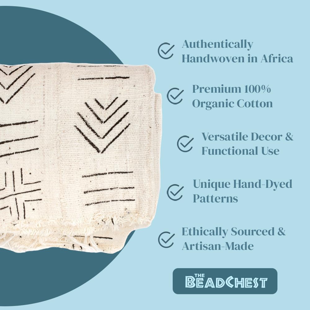 The Bead Chest White Bogolan Mali Mud Cloth - Handmade African Textile from West Africa - 40x64 Inches - Ideal for Home Decor, Boho Throw Blanket, Upholstery, or Crafts