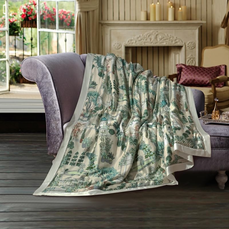 Lyocell Tencel Thin Quilt Summer Air Condition Blanket Silky Soft Bedding Car Sofa Bedroom European Classical Architecture Castle Landscape Lightweight Comforter (Green, Queen)