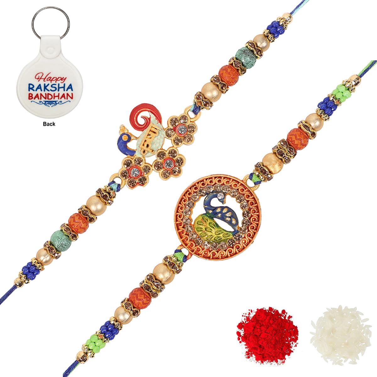 Riddhika Ventures Ravishing Gold Plated Meenakari Peacock and Krishna Rakhi (Set of 2) with Roli Chawal, Greeting Card and and One Motivational Keychain (K7K8K) (B08BPB69MT) Amazon Price History, Amazon Price Tracker