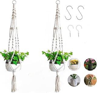 Macrame Plant Hangers,2 Pack Hanging Planters Indoor Outdoor Home Decor with 4Pcs Hooks,Handmade Cotton Rope Boho Decor Ha...