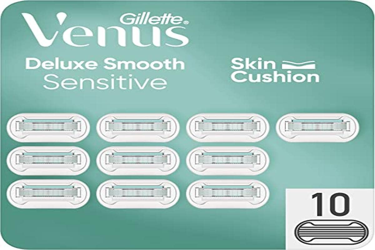 Gillette Venus Deluxe KOBIETY Gładkie Wrażliwe, 10 Wymiana LAMETY (od 5 ostrzy), do głębokiego golenia płynu, z paskiem nawilżającym, Skin Cushion