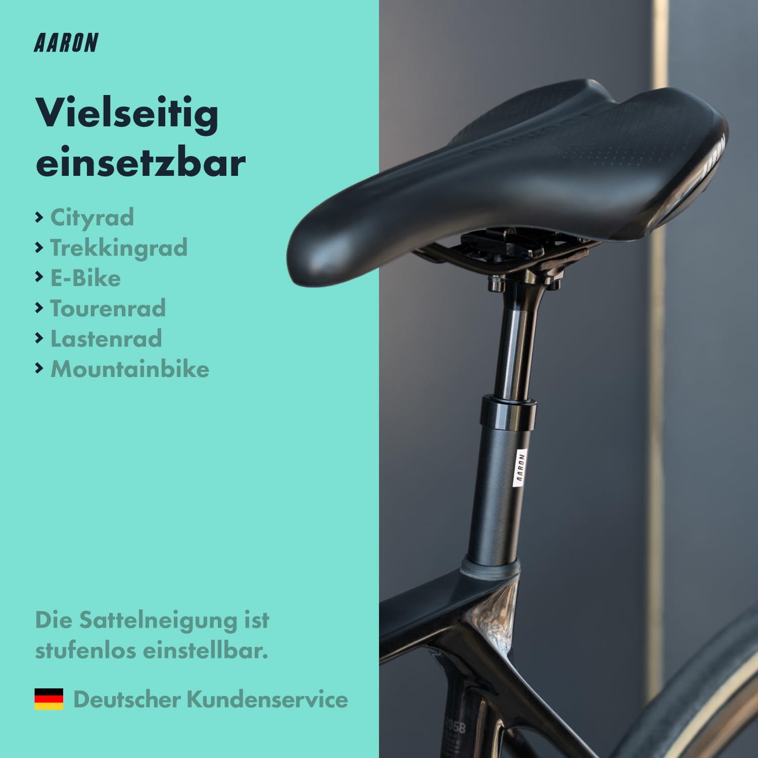 AARON Shock Federsattelstütze mit 27,2, 30,9 oder 31,6 mm Durchmesser - Gefederte Aluminium Sattelstütze mit 350mm Länge - Fahrrad Sattelstütze gefedert für E-Bike, MTB, Downhill, Trekking Citybike