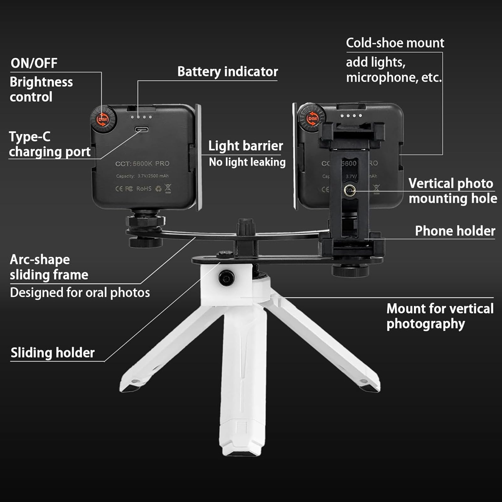 NGARY Lampe De Remplissage Dentaire pour La Photographie, Éclairage Photo Et Vidéo Dentaire 5600 K avec Filtre CPL 52 Mm, Luminosité Réglable Et Éclairement Maximal : 1370 Lux/0,3 M, pour Smartphones