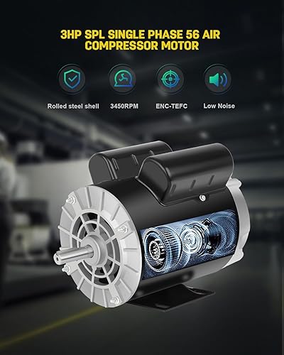 Miniatura 3 de Motor eléctrico de compresor de aire, 3SPL HP 3450 RPM, monofásico 115230V, marco 56 58 "eje con llave 60 Hz, rotación CCW de servicio comercial,