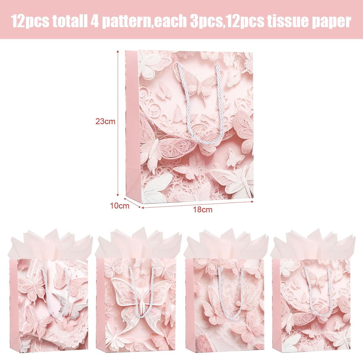 12Pcs Pink Butterfly Gift Packaging Bag, Birthday Wedding Festival Party Decor Candy Box Gift