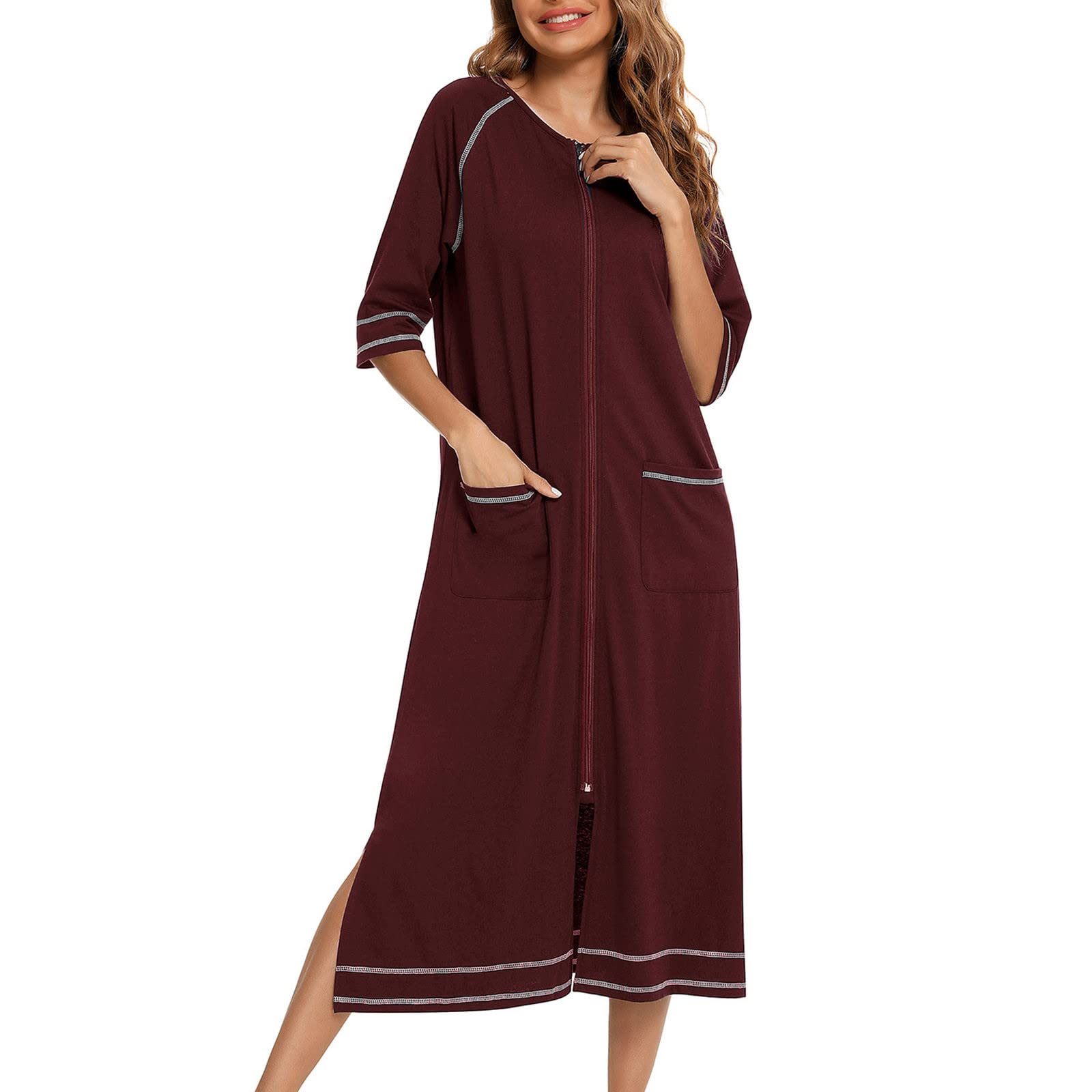 Robe de chambre en coton pour femme - Légère et douce - Avec fermeture éclair - Longueur totale - Confortable - Vêtement de détente