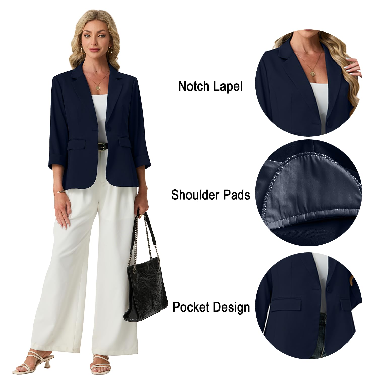GRECERELLE Blazers pour femme à manches 3/4 – Cardigan élégant formel à revers cranté pour le bureau, le travail, les mariages, vêtements d'extérieur décontractés avec poches, boutons
