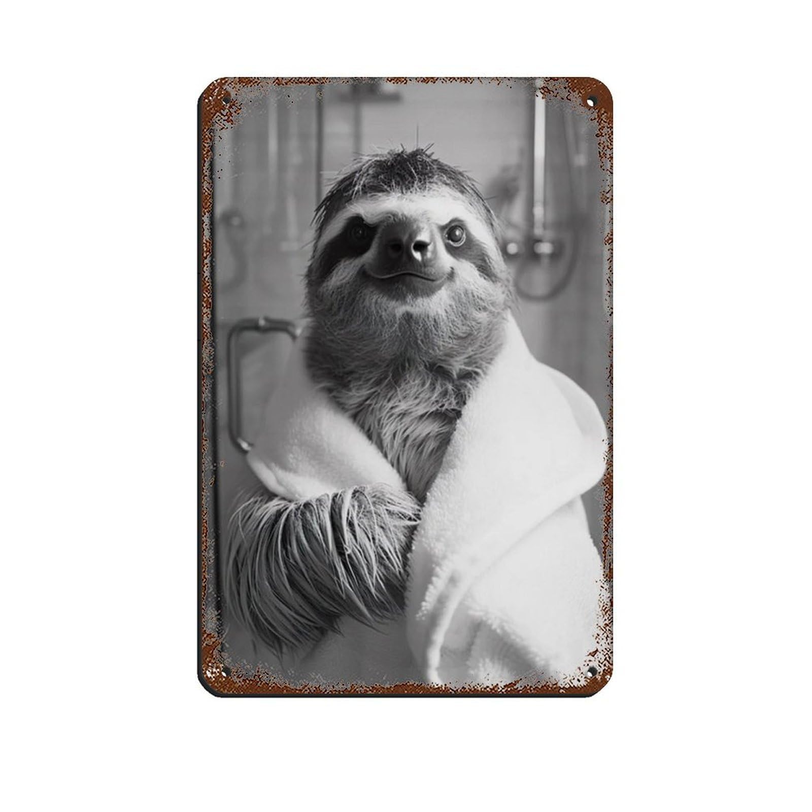 Sloth in A Bathrobe, Funny Bathroom Art Tin Sign Vintage Metal Pub Club Cafe Bar Home Wall Art Decoration Poster Retro 8x12inch(20x30cm)