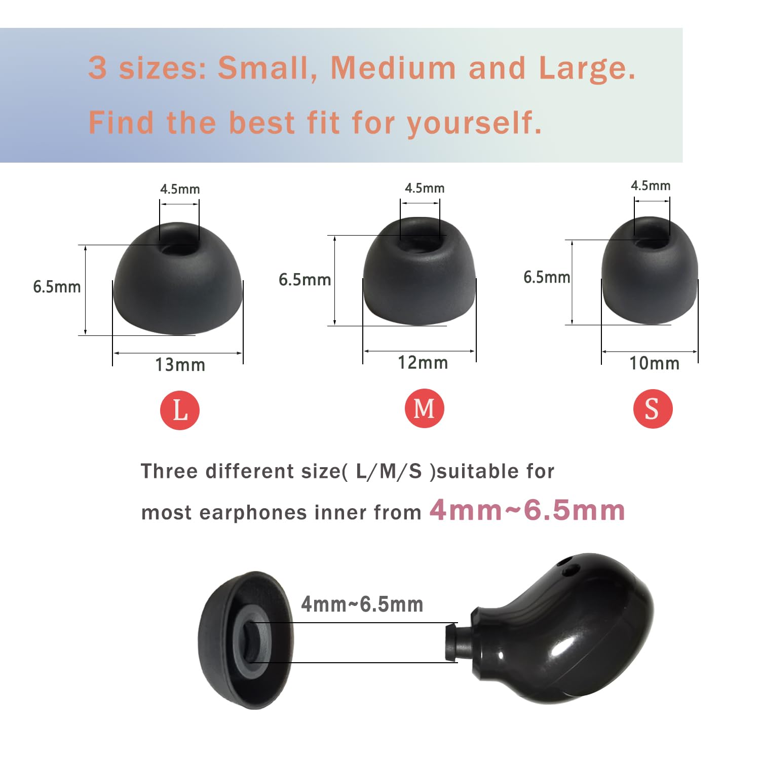 Lot de 6 paires d'embouts ovales en silicone pour écouteurs sans fil - Diamètre intérieur : 4 mm - Noir