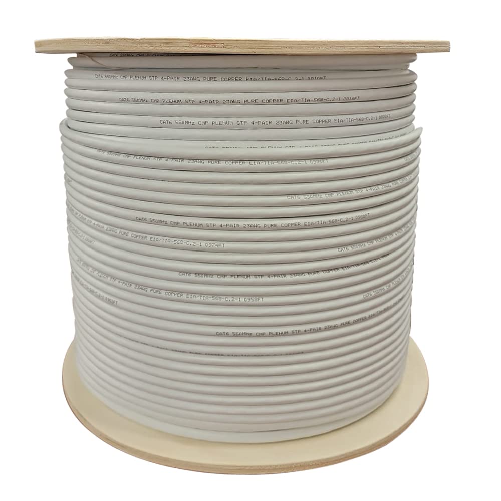 Photo 1 of Cat6 Plenum Shielded (CMP) Overall Foil Shield (F/UTP), 1000ft, 23AWG | 100% Solid Bare Copper | 550MHz | Bulk Ethernet Cable, Available in Blue, White & Black Color (White)