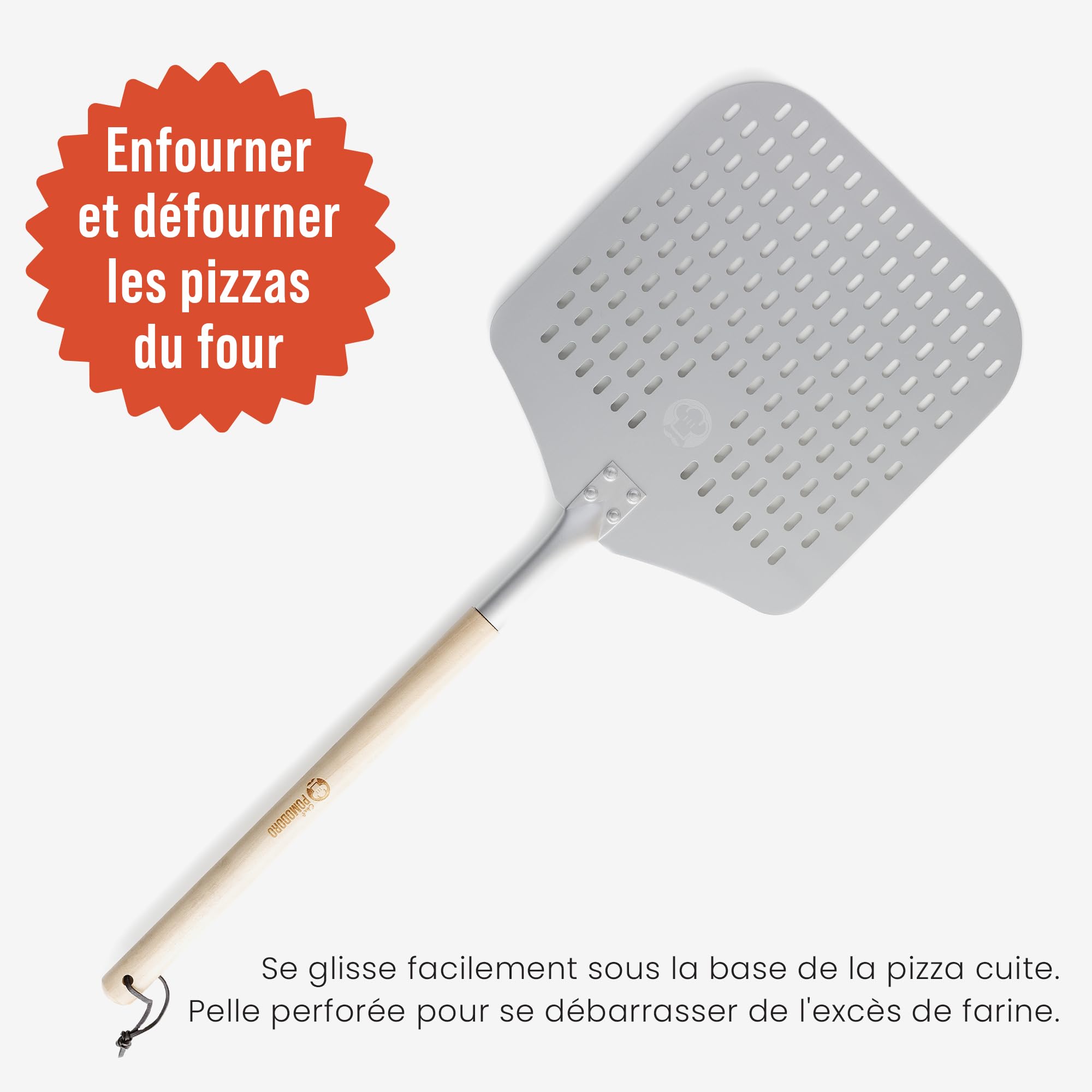 Chef Pomodoro - Longue Pelle A Pizza Professionnelle (35 cm x 30 cm) - Spatule Pizza en Aluminium Perforé - Poignée en Bois Extensible Et Détachable - Pelle Pizza de Haute Qualité