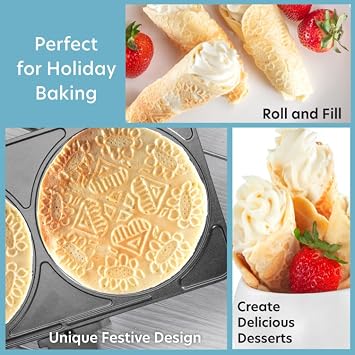 CucinaPro Krumkake Baker By Cucina Pro - 100% Non Stick, Makes Two Krumkake Pizzelle-Like Cookies, Great for Cannoli Filling & Cones | Great for Cannoli Filling & Cones, Even Heating, Cool Touch Handle and Recipe Guide, Kitchen or Housewarming Gift for Her