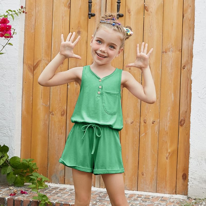 Mirawise Girls Romper Sleeveless Jumpsuit Button Kids Summer Clothes Casual Outfits V Neck Tie Front Shorts with Pocket 4-13Y - Image 2
