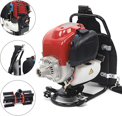 Miniatura 6 de Juego de herramientas de jardín de mochila a gas de 4 tiempos de 35.4 cc - Rototiller, cortador de cepillo y recortadora de césped con motor de 1.4