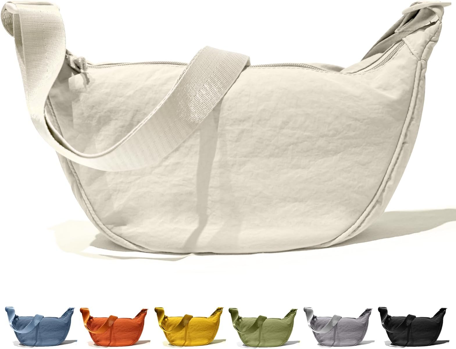 Spacious Crescent Sling Bag for Women & Men, Lightweight Taslon Crossbody Shoulder Chest Bag with Adjustable Strap, Water-Resistant Casual Everyday Purse for Travel Work Shopping, Beige