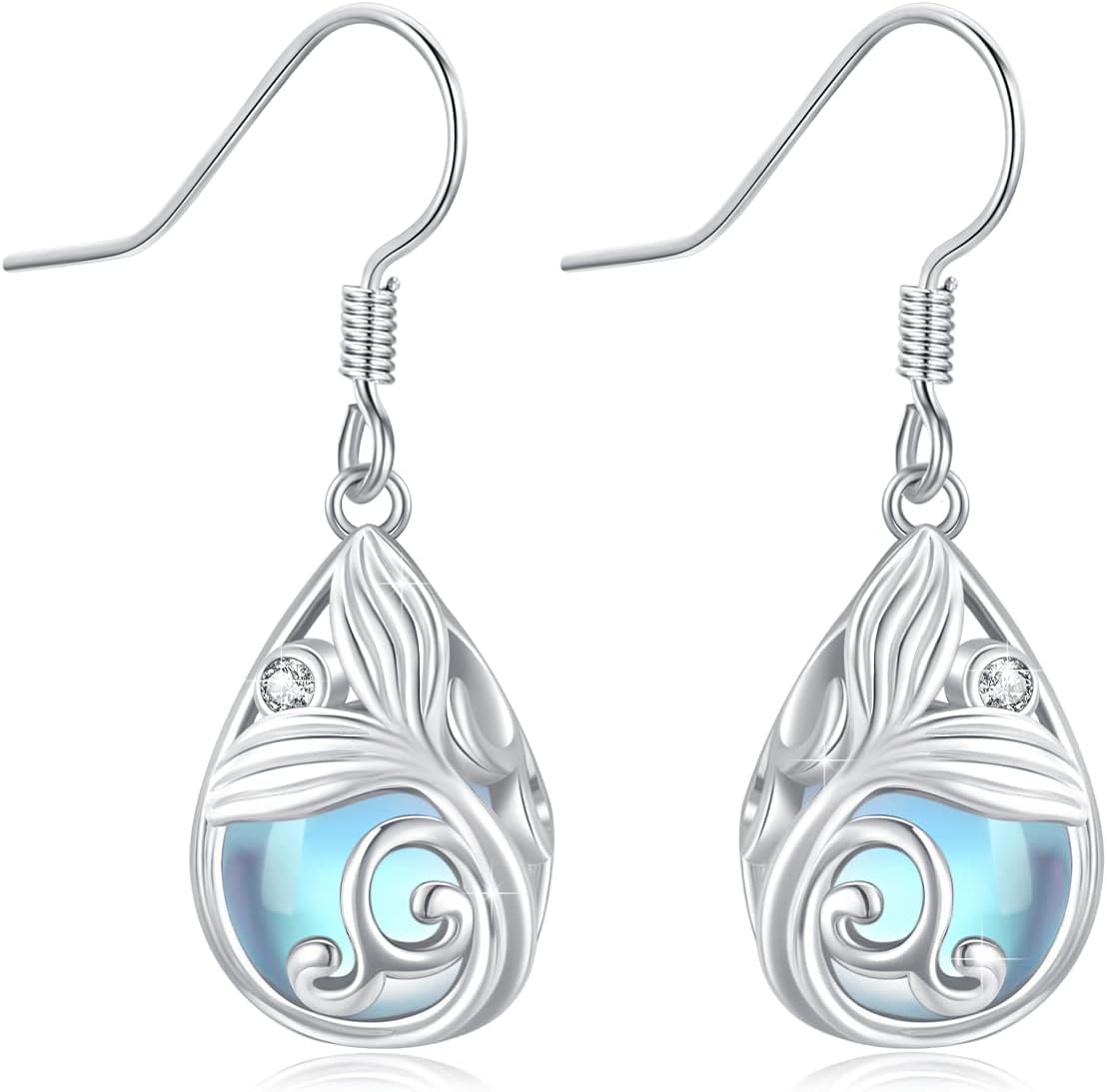 Mermaid Tail Earrings 925 Sterling Silver Teardrop Moonstone Dangle Earrings Mermaid Moonstone Earrings Mermaid Leverback Earrings Hypoallergenic Sea Mermaid Jewellery for Women Girls, Sterling Silver