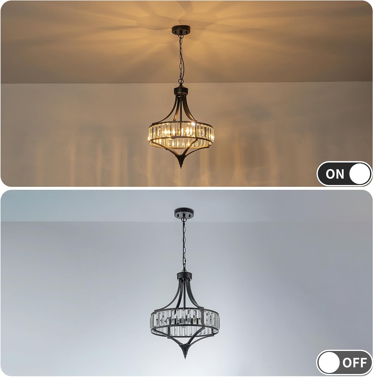Black Farmhouse Chandeliers for Dining Room, 15.7" Modern Crystal Dining Room Light Fixtures, 4-Light Foyer Chandelier for Entryway Kitchen Island Bathroom Living Room Bedroom