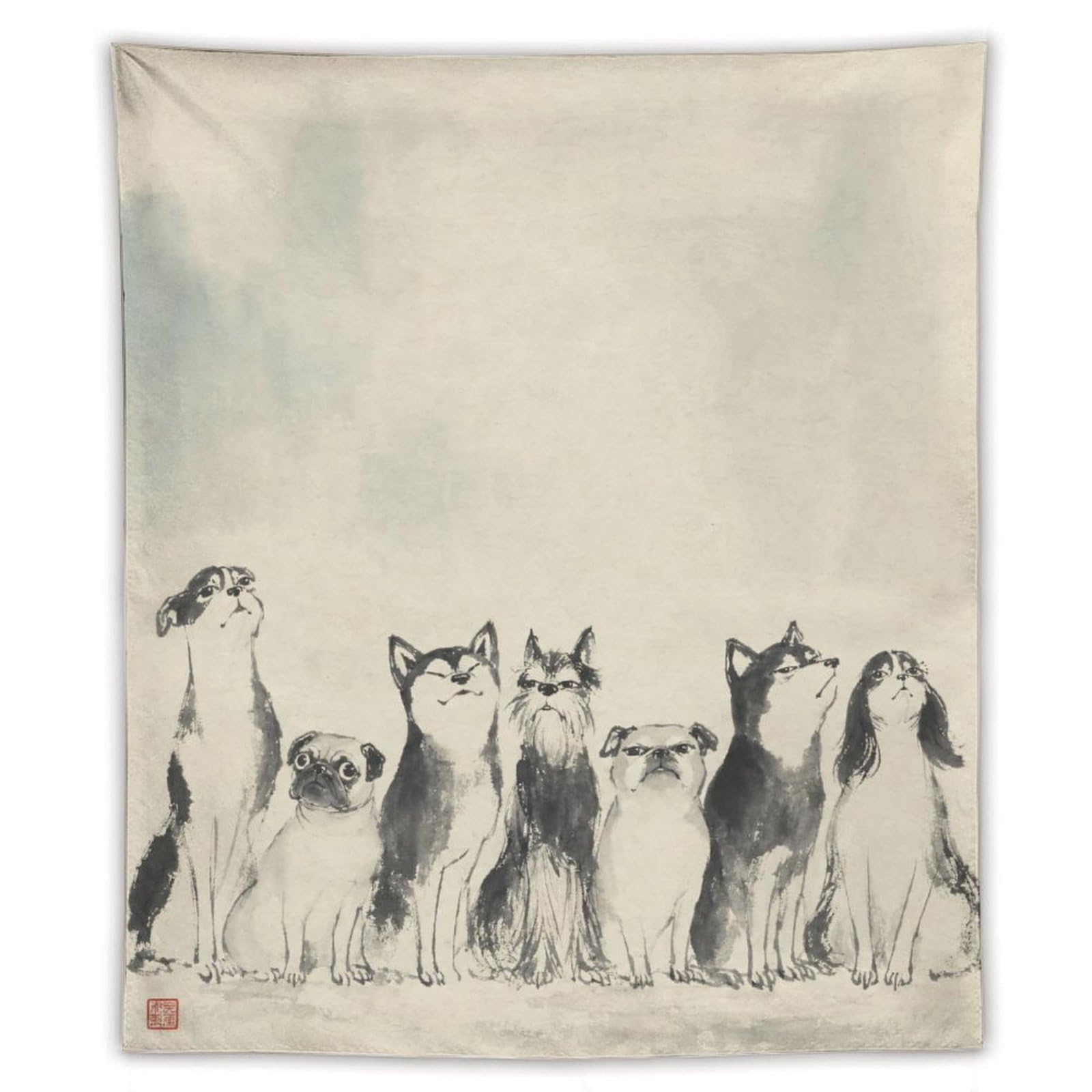 W7C8U2X3 White Dog Group Wall Tapestry, Asian Ink, Detailed Illustration