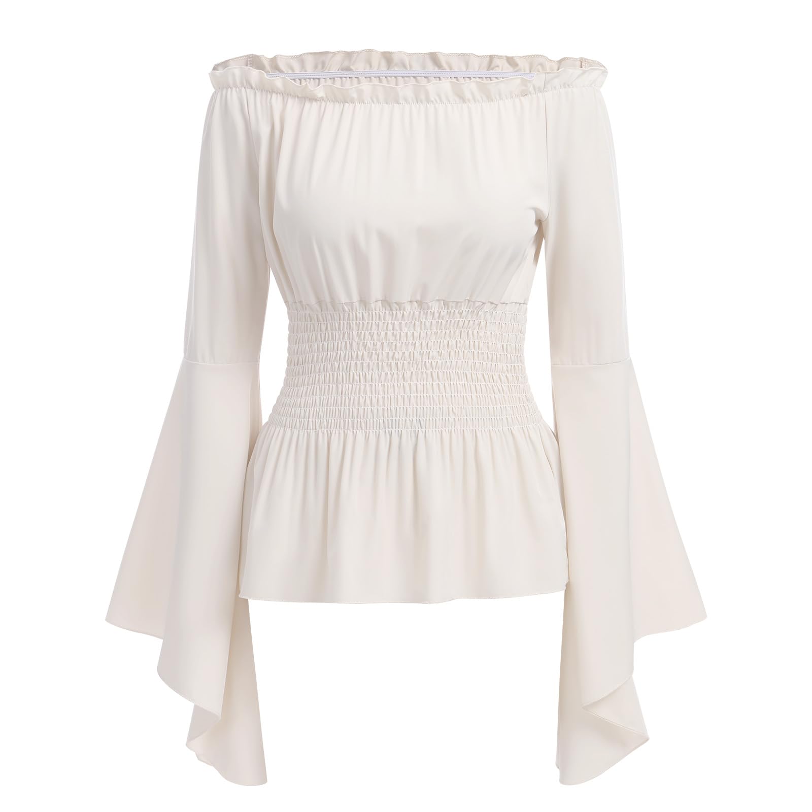 Odizli Mittelalter Kleidung Damen Gothic Steampunk Korsett Oberteil Schulterfrei Bluse Langarm Off Shoulder Top Viktorianisches Renaissance Wikinger Kostüm Halloween Karneval Faschingskostüme Weiß M
