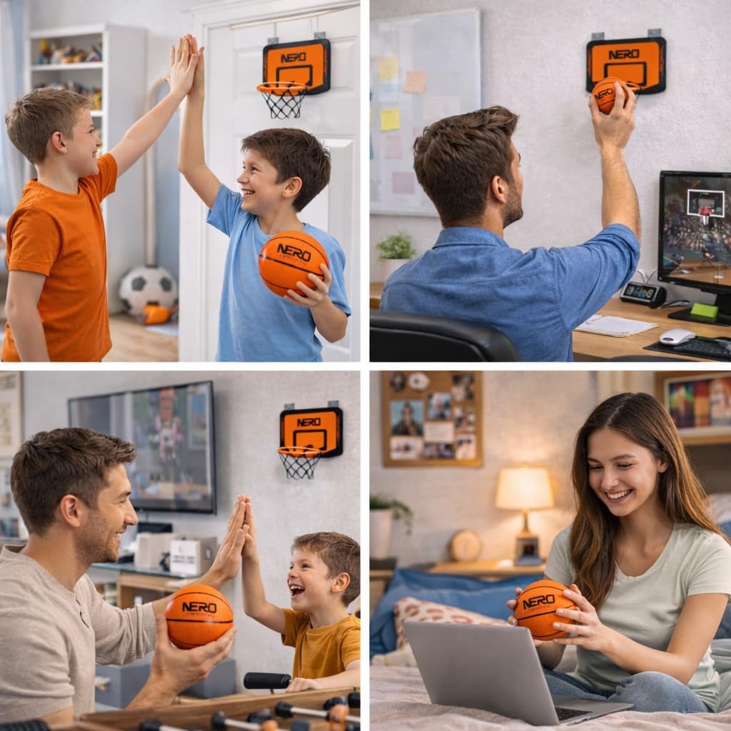NERO SPORT Mini Basketball Hoop and Silent Ball Combo, Indoor Wall-Mounted Basketball Hoop Set with Quiet Foam Ball, Mini Backboard and Mounting Hardware for Kids, Teens, Dorm, Bedroom and Office