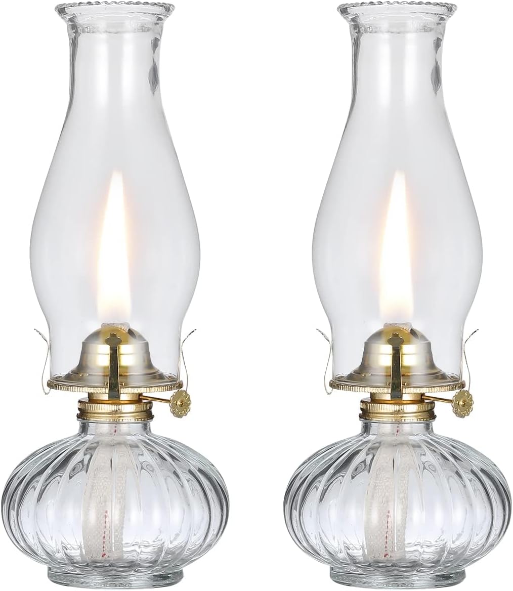 2 Pieces Vintage Glass Oil Lamp Large Classic Clear Kerosene Lamp Lantern for Indoor Use Home Tabletop Decor Rustic Chamber Oil Lamps Hurricane Lanterns for Emergency Lighting