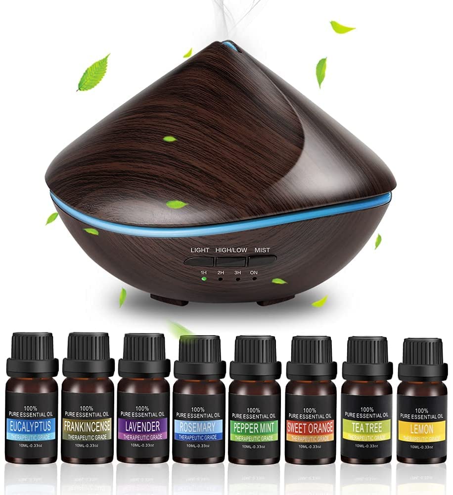 AMINAC Essential Oils Diffuser, 500ml Wood Grain Ultrasonic Diffuser Auto Shut-Off Cool Mist Humidifier with 8 Bottle essential oils, 4 Modes Adjust Time for Baby Room, Home,Yoga, SPA, Office