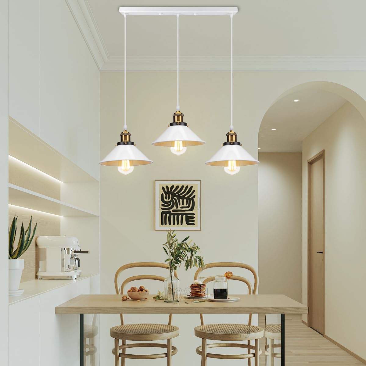 Suspension Lustre Industrielle 3 Lampes Luminaire Plafonnier Vintage Lustre Abat-Jour Ø22 cm en Métal de douille E27 Lampe Rétro pour Séjour Chambre Cuisine (Blanc,3 lampes-barre)