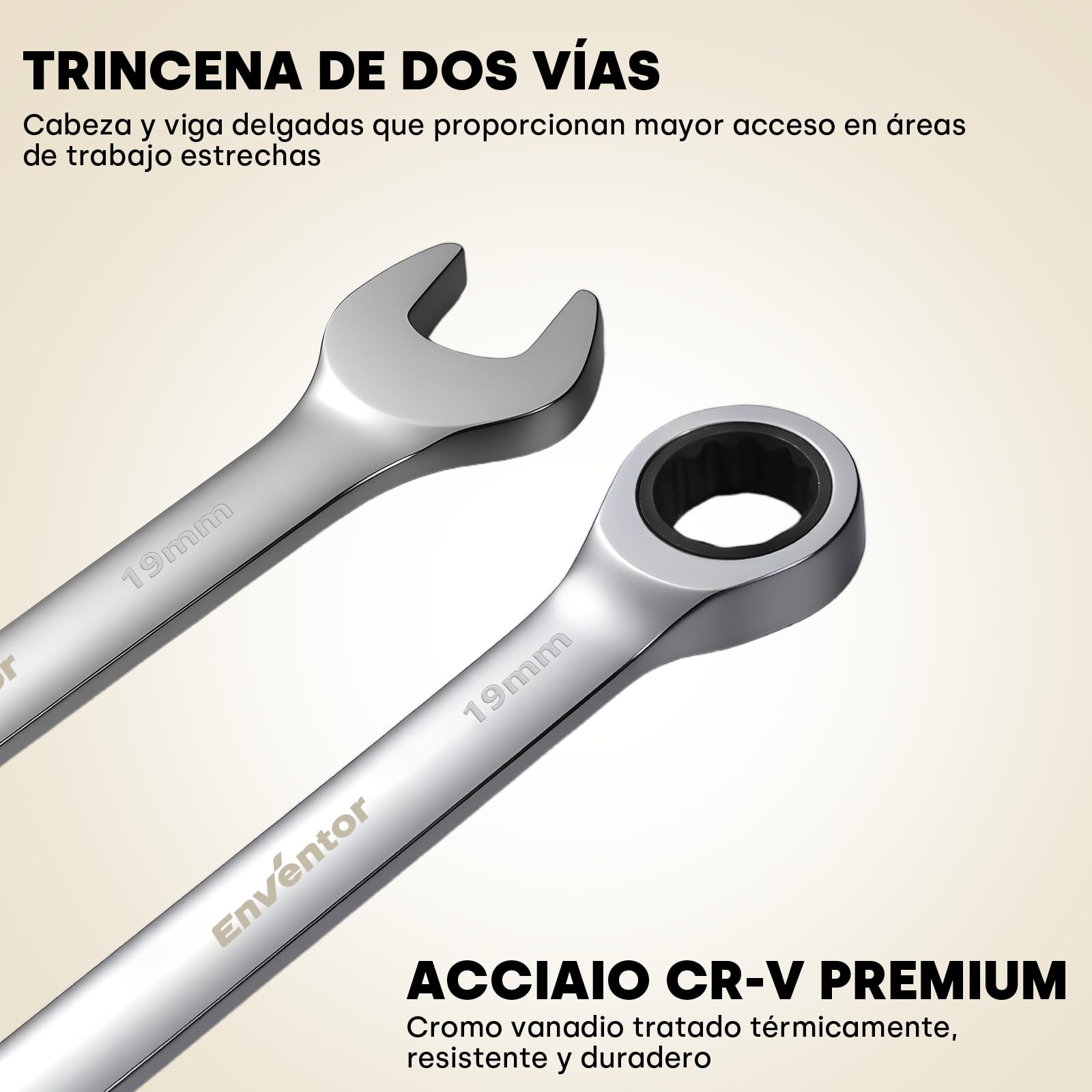 Enventor Llaves Fijas con Carraca de 8 Piezas, Juego de Llaves Combinadas con Carraca Métrico 8mm a 19mm, Acero Cromo Vanadio, 72 Dientes, Cabezal Fijo, Arco de Giro de 5°, Bolsa