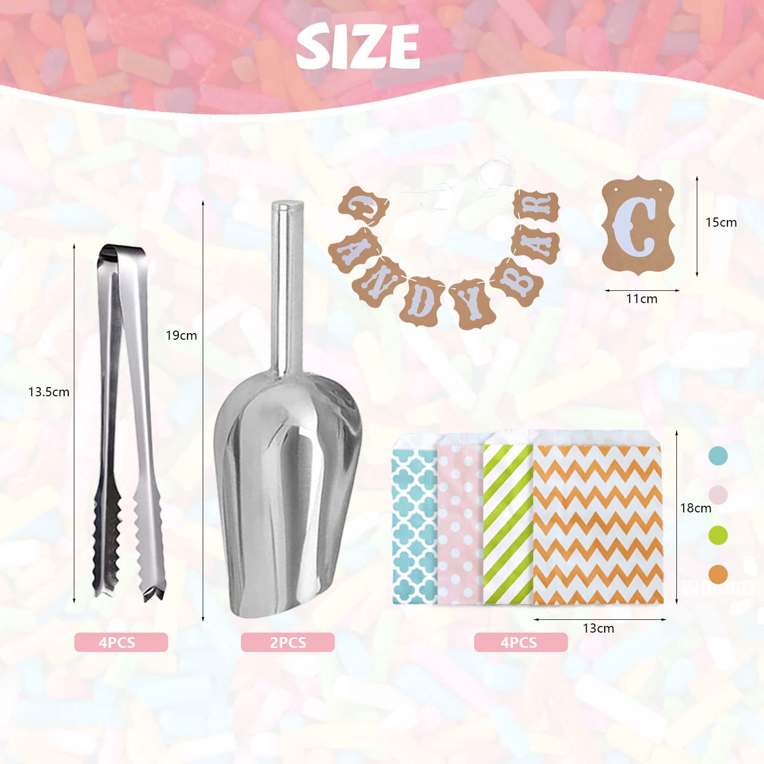 46pcs Candy Bar Sacchetti Caramelle Accessori Set,4 Acciaio Inox Candy 2 Scoop Ghiaccio 36 Candy Sacchetti Regalo 3 Adesivi 1 Candy Bar Banner,Candy Bar Accessori Per Negozi Di Caramelle,Matrimoni