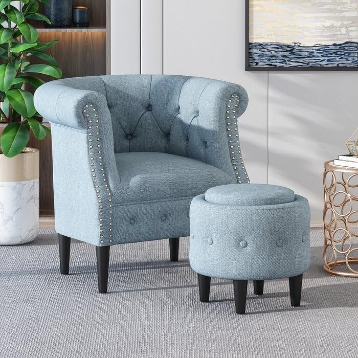 WOODENYA Eleph Upholstered Chesterfield Chair Fabric Velvet (29'' H X 29'' W X 25.5'' D) for Living Room, Drawing Room, Guest Room, Bedroom & Office (Light-Blue)