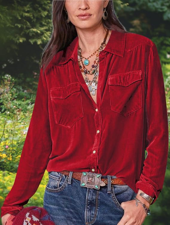 Velvet Shirts for Women Long Sleeve Button Down Shirt Vintage Tops Lapel Blouse Fall Winter Tee with Pocket - Image 4