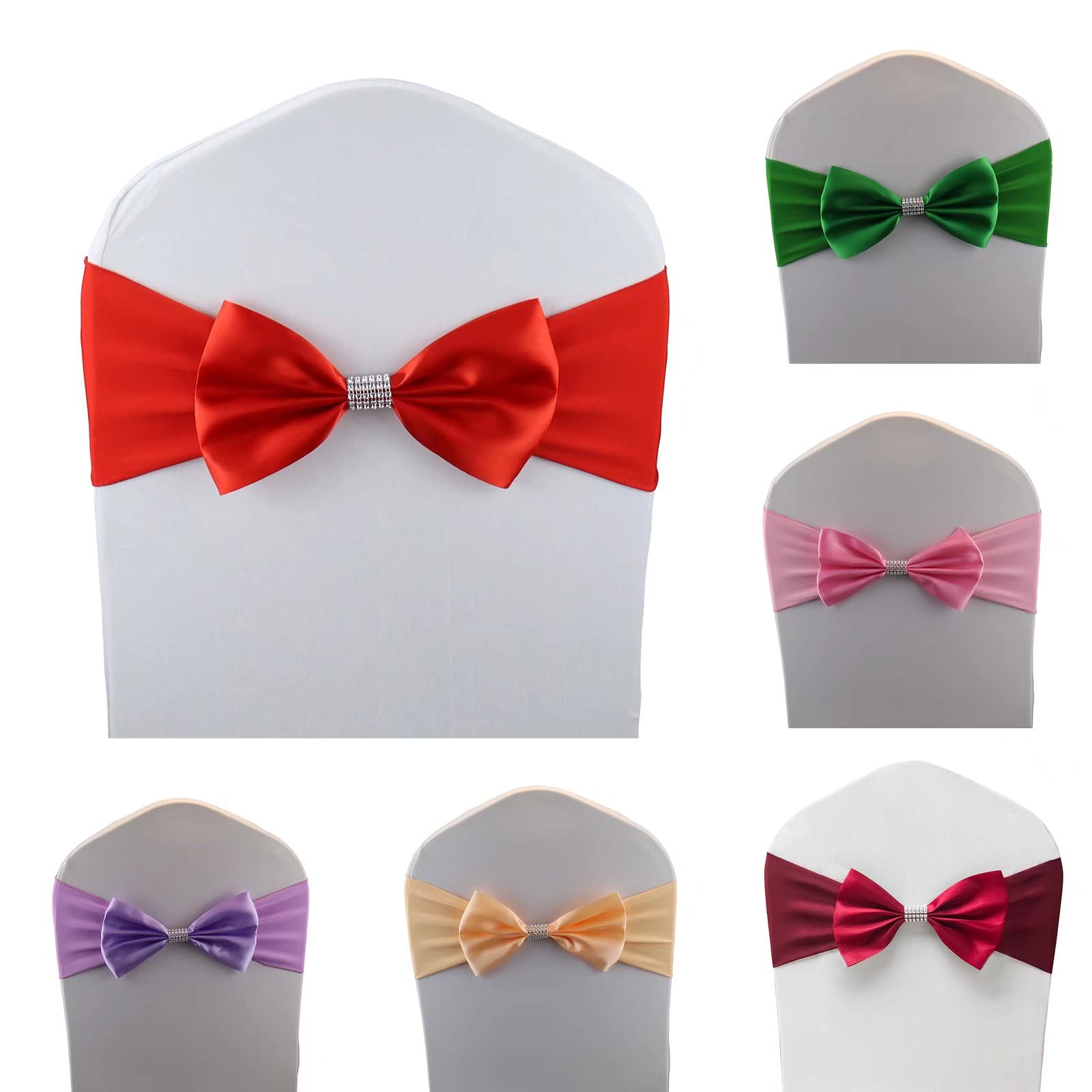 MYS QiQi 6 PCS Bows Stretch Chair Sashes, for Wedding Party Chair Cover Decoration, Spandex Stretch Chairs Bands (Pack of 6 Red