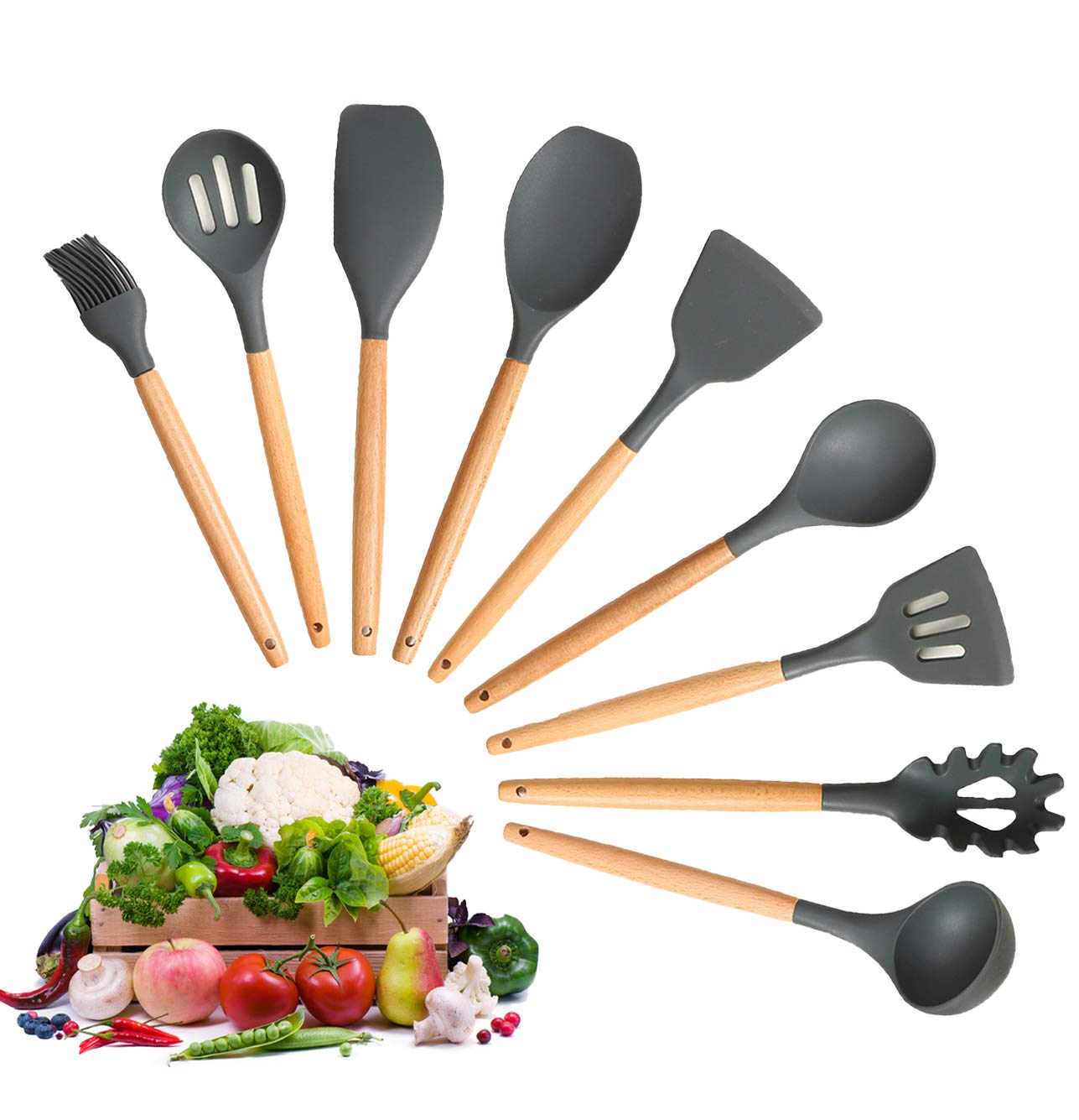 Kitchen Utensils Set, Silicone Cooking Utensil Set, 9 Wooden Handles